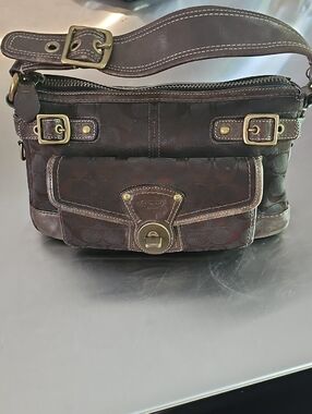 Coach Dark Brown Signature Canvas Messenger Bag with Brass Hardware